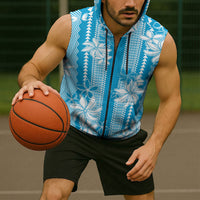 Hawaii Kakau Tribal Sleeveless Zip Hoodie With Blue Tiare LT05 - Polynesian Pride