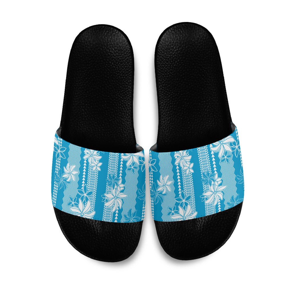 Hawaii Kakau Tribal Slide Sandals With Blue Tiare LT05 Blue - Polynesian Pride