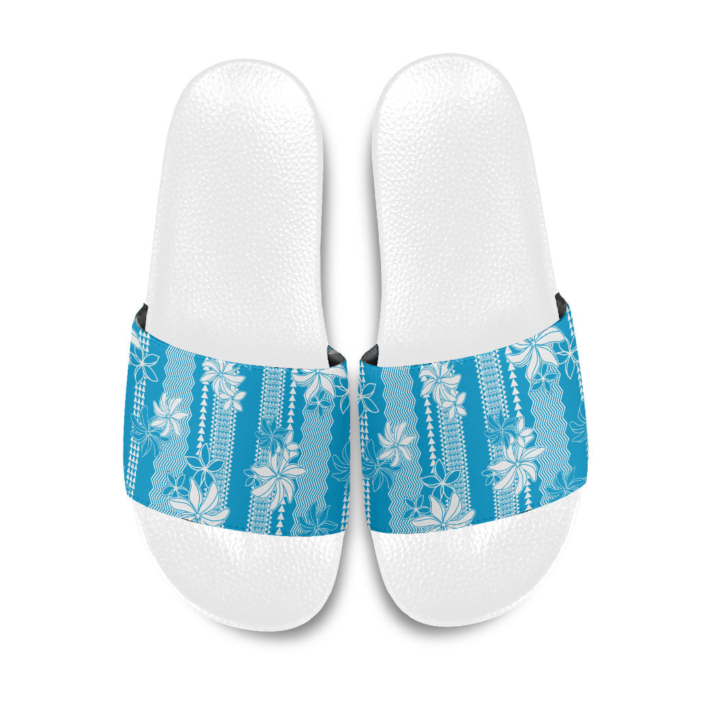 Hawaii Kakau Tribal Slide Sandals With Blue Tiare LT05 Blue - Polynesian Pride