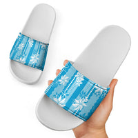 Hawaii Kakau Tribal Slide Sandals With Blue Tiare LT05 - Polynesian Pride