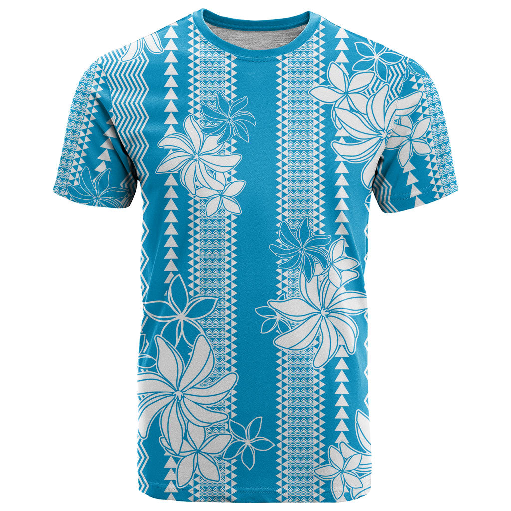 Hawaii Kakau Tribal T Shirt With Blue Tiare LT05 Blue - Polynesian Pride