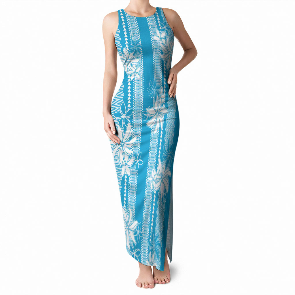 Hawaii Kakau Tribal Tank Maxi Dress With Blue Tiare LT05 Women Blue - Polynesian Pride