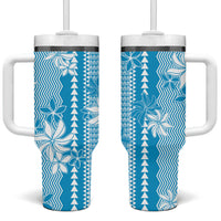 Hawaii Kakau Tribal Tumbler With Handle With Blue Tiare LT05 One Size: 40 oz Blue - Polynesian Pride