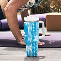 Hawaii Kakau Tribal Tumbler With Handle With Blue Tiare LT05 - Polynesian Pride
