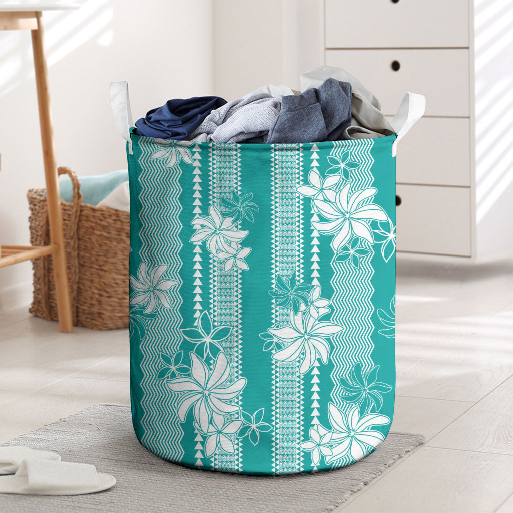 Hawaii Kakau Tribal Laundry Basket With Teal Tiare LT05 Teal - Polynesian Pride