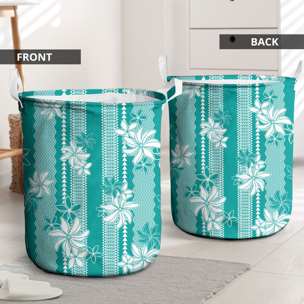 Hawaii Kakau Tribal Laundry Basket With Teal Tiare LT05 - Polynesian Pride