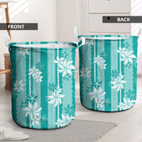 Hawaii Kakau Tribal Laundry Basket With Teal Tiare LT05 - Polynesian Pride