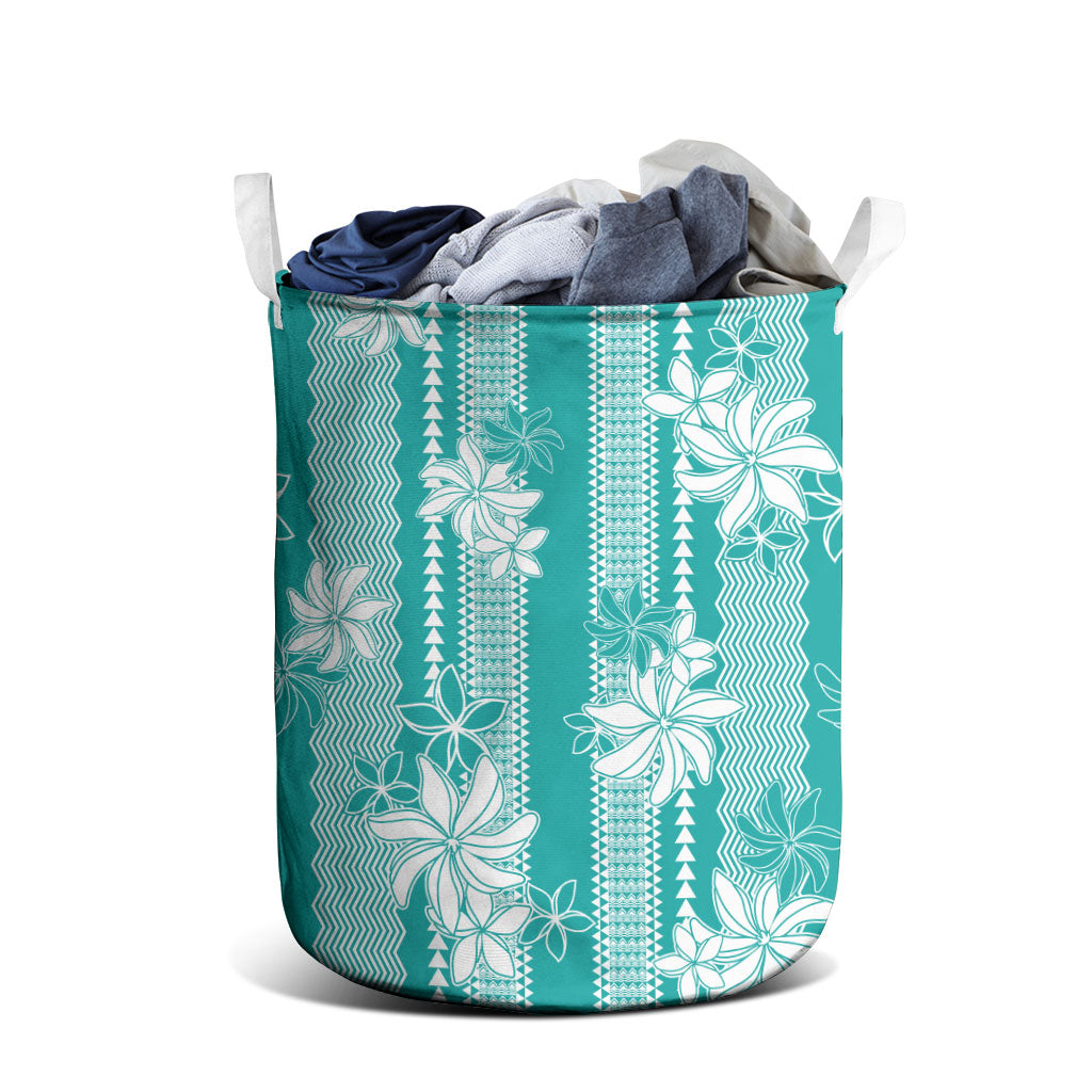 Hawaii Kakau Tribal Laundry Basket With Teal Tiare LT05 - Polynesian Pride