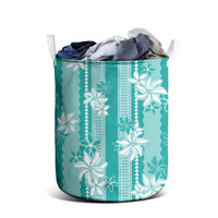 Hawaii Kakau Tribal Laundry Basket With Teal Tiare LT05 - Polynesian Pride