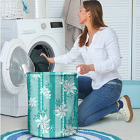 Hawaii Kakau Tribal Laundry Basket With Teal Tiare LT05 - Polynesian Pride