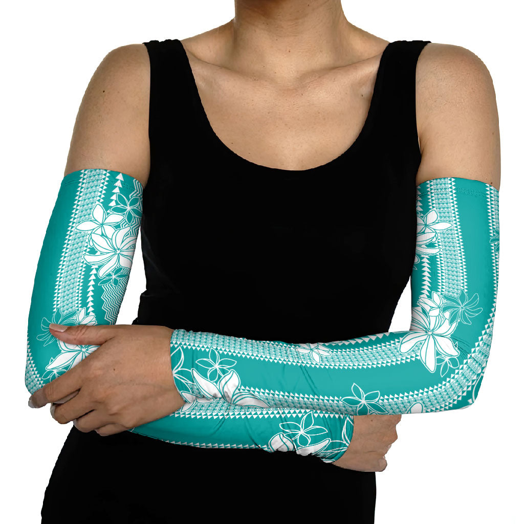 Hawaii Kakau Tribal Arm Sleeves With Teal Tiare LT05 - Polynesian Pride