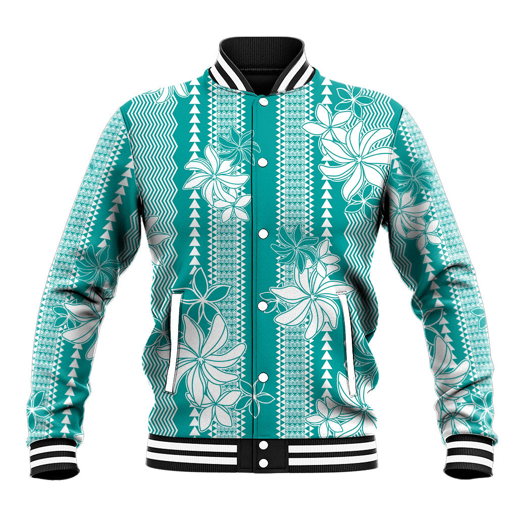 Hawaii Kakau Tribal Baseball Jacket With Teal Tiare LT05 Unisex Teal - Polynesian Pride