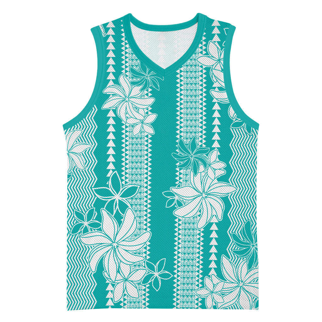 Hawaii Kakau Tribal Basketball Jersey With Teal Tiare LT05 Unisex Teal - Polynesian Pride