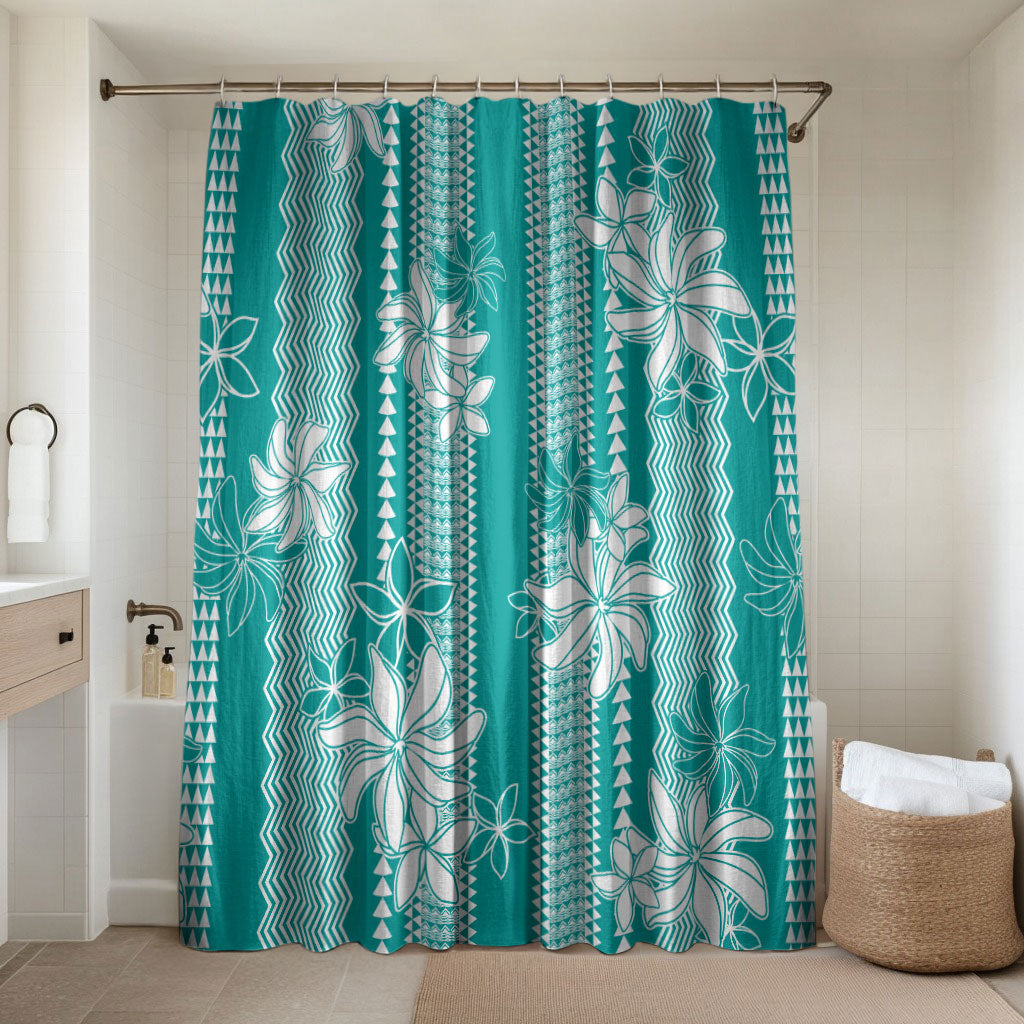 Hawaii Kakau Tribal Bathroom Set With Teal Tiare LT05 Shower Curtain Only Teal - Polynesian Pride