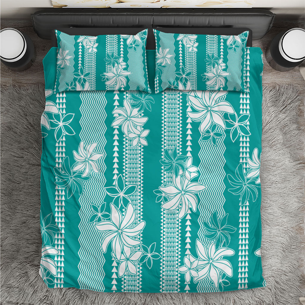 Hawaii Kakau Tribal Bedding Set With Teal Tiare LT05 Teal - Polynesian Pride