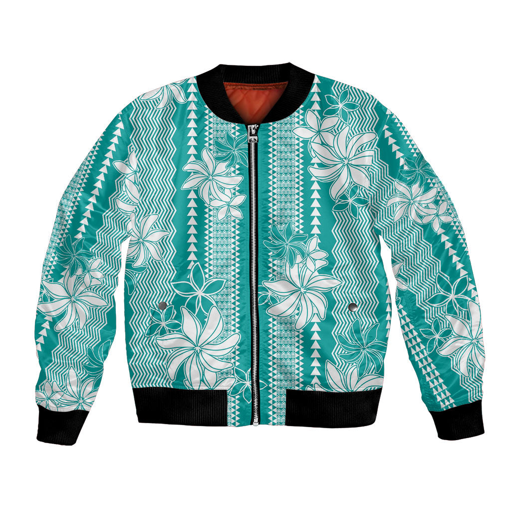Hawaii Kakau Tribal Bomber Jacket With Teal Tiare LT05 Unisex Teal - Polynesian Pride