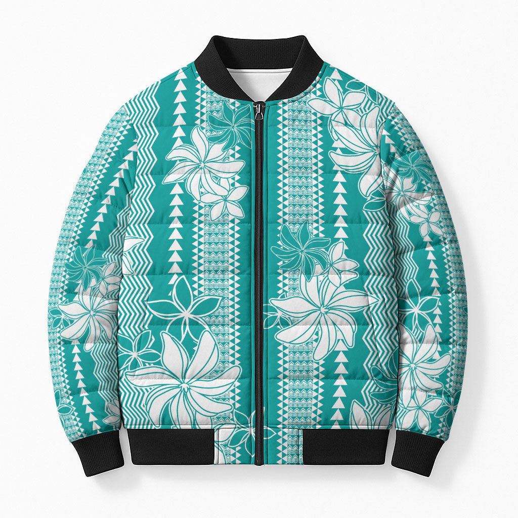 Hawaii Kakau Tribal Bomber Puffer Jacket With Teal Tiare LT05 Unisex Teal - Polynesian Pride