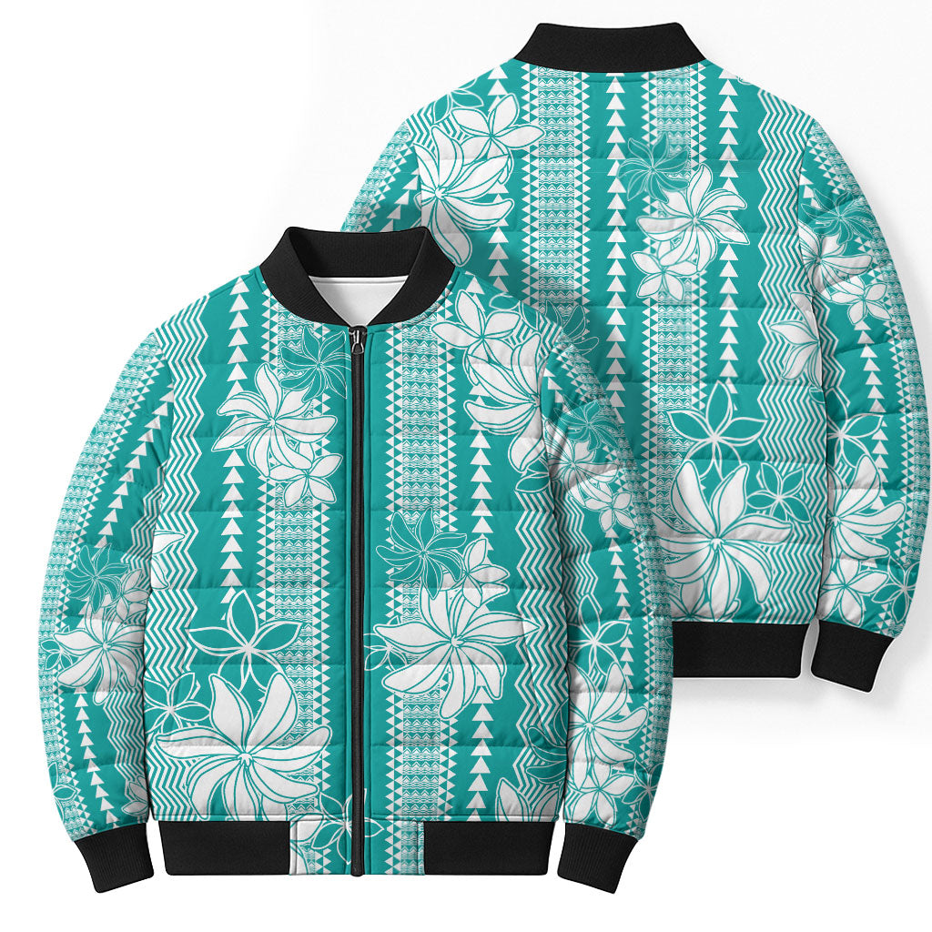 Hawaii Kakau Tribal Bomber Puffer Jacket With Teal Tiare LT05 - Polynesian Pride