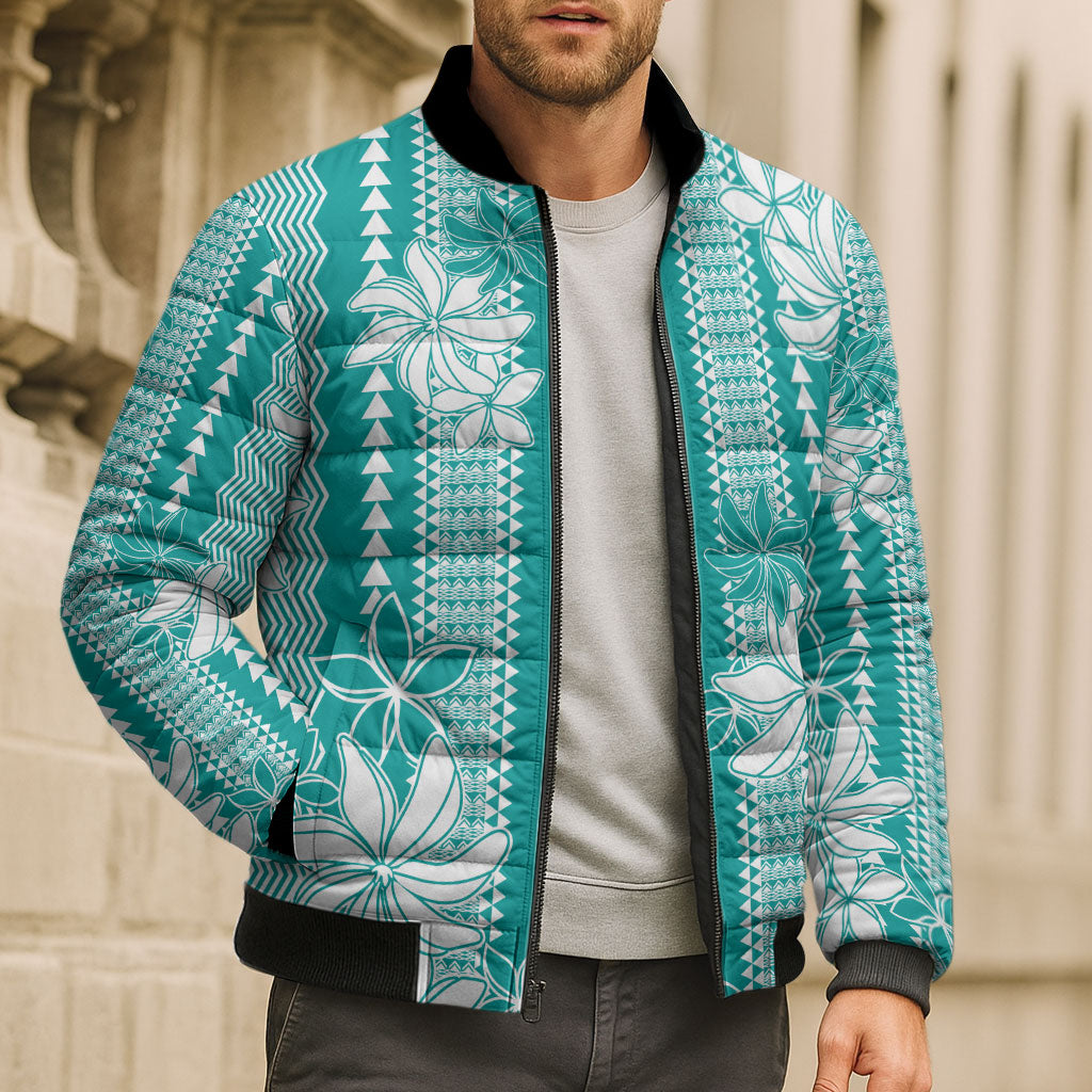 Hawaii Kakau Tribal Bomber Puffer Jacket With Teal Tiare LT05 - Polynesian Pride