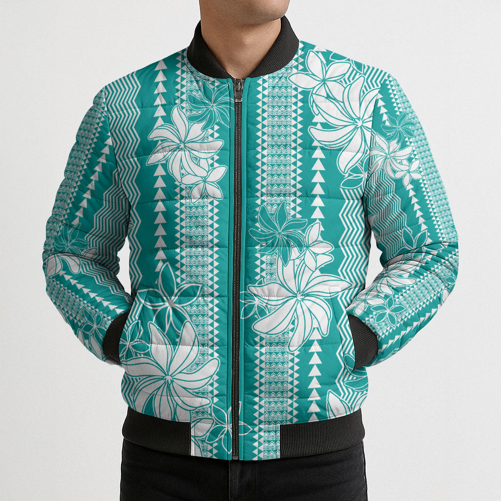 Hawaii Kakau Tribal Bomber Puffer Jacket With Teal Tiare LT05 - Polynesian Pride