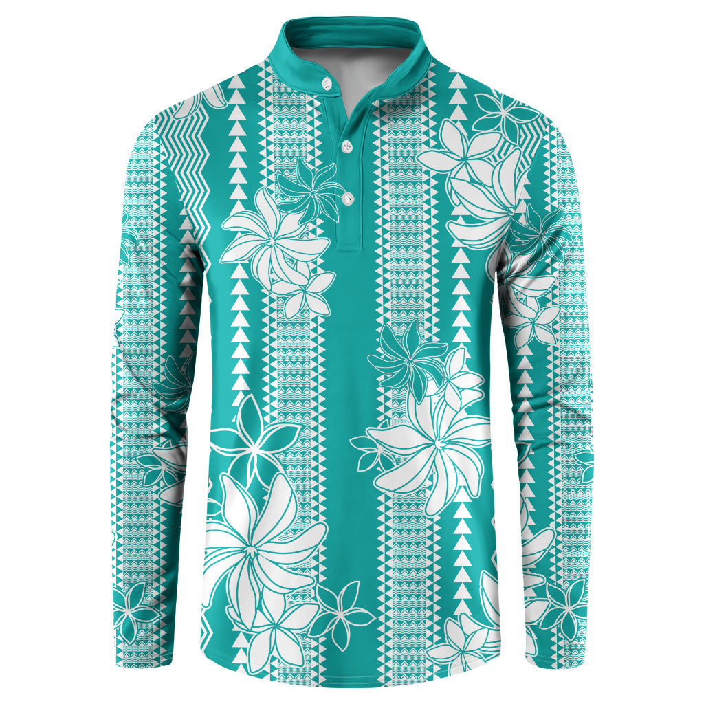 Hawaii Kakau Tribal Button Sweatshirt With Teal Tiare LT05 Teal - Polynesian Pride