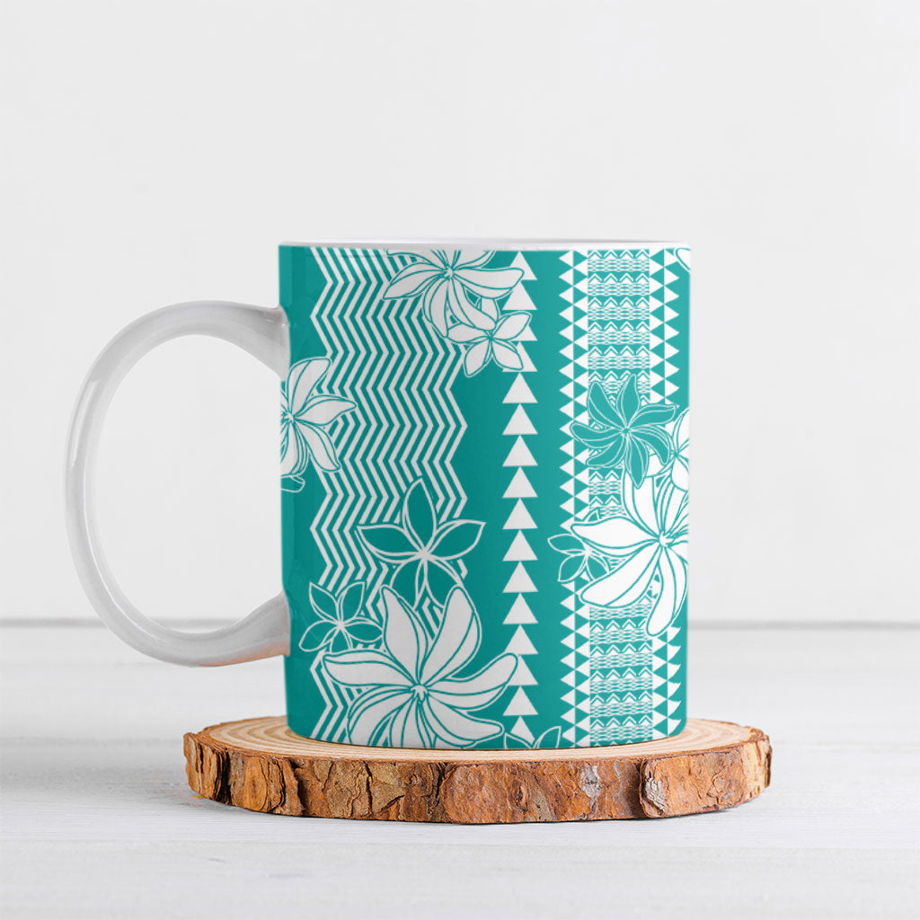 Hawaii Kakau Tribal Ceramic Mug With Teal Tiare LT05 Teal - Polynesian Pride