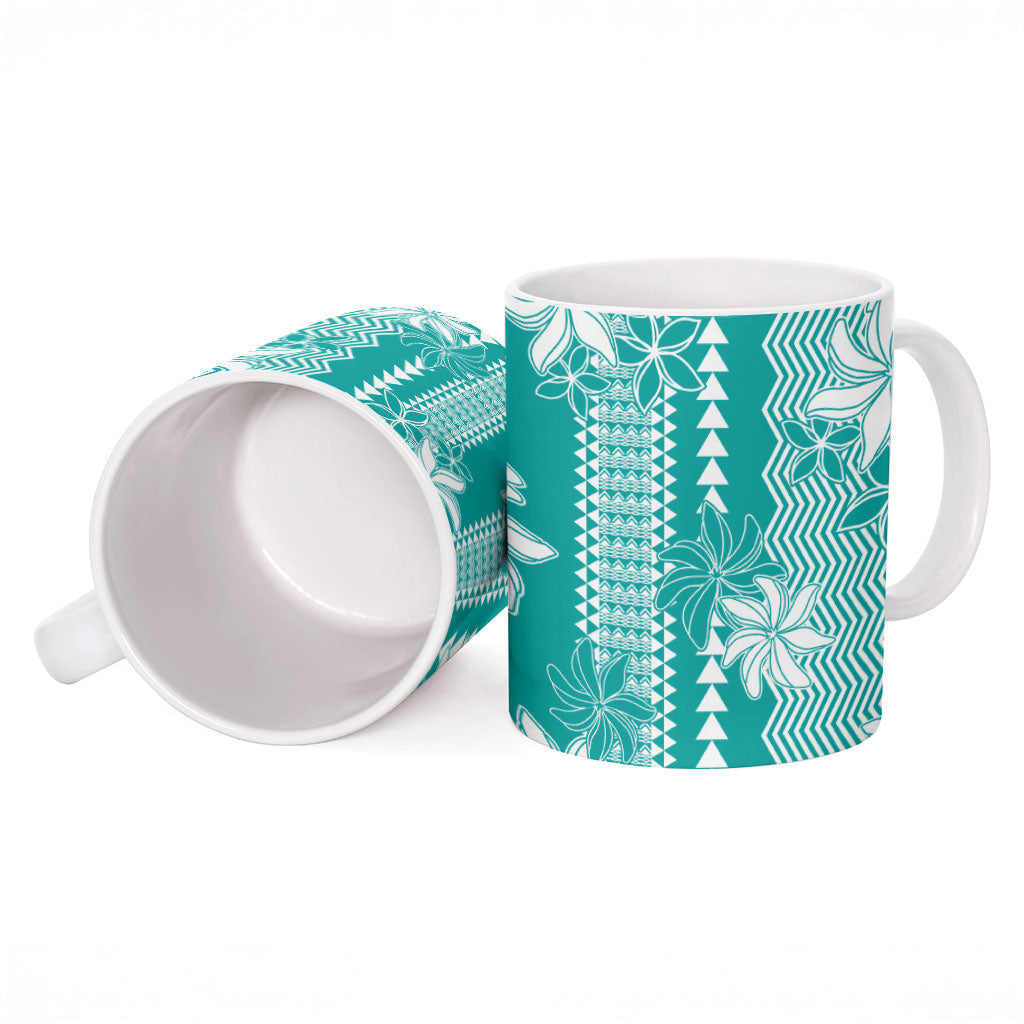Hawaii Kakau Tribal Ceramic Mug With Teal Tiare LT05 - Polynesian Pride