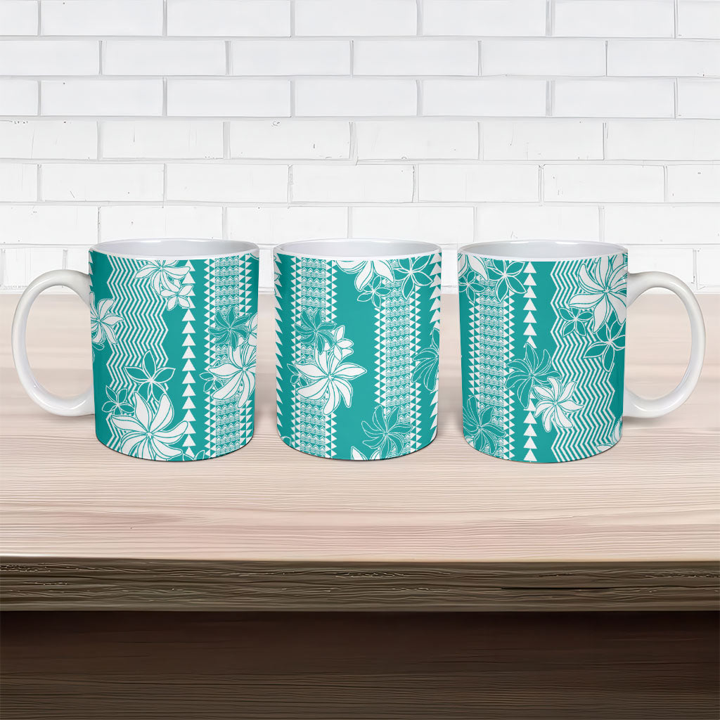 Hawaii Kakau Tribal Ceramic Mug With Teal Tiare LT05 - Polynesian Pride