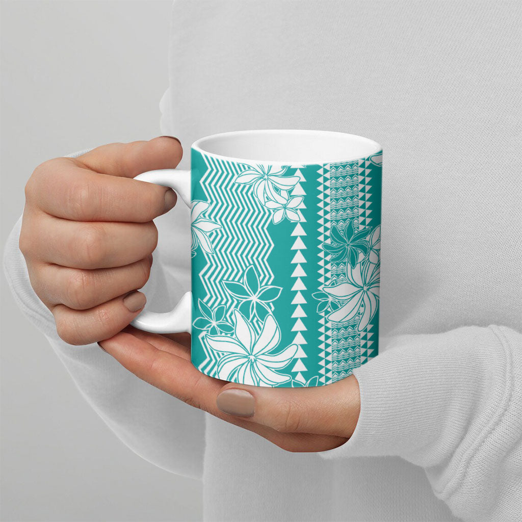 Hawaii Kakau Tribal Ceramic Mug With Teal Tiare LT05 - Polynesian Pride