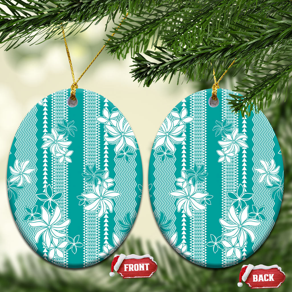 Hawaii Kakau Tribal Ceramic Ornament With Teal Tiare