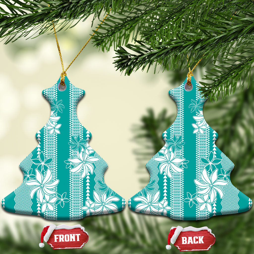 Hawaii Kakau Tribal Ceramic Ornament With Teal Tiare