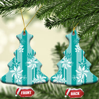 Hawaii Kakau Tribal Ceramic Ornament With Teal Tiare
