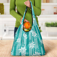 Hawaii Kakau Tribal Grocery Bag With Teal Tiare LT05 - Polynesian Pride