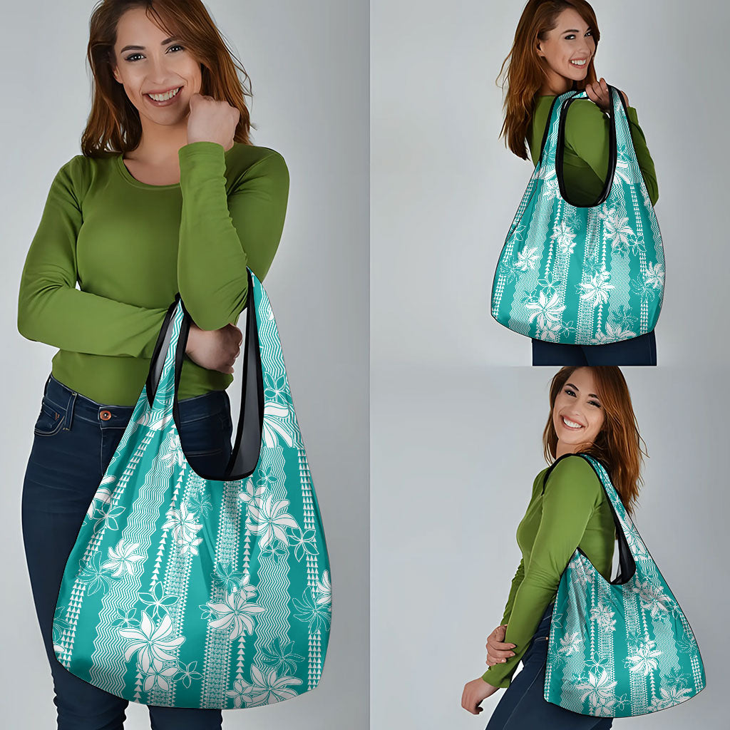 Hawaii Kakau Tribal Grocery Bag With Teal Tiare LT05 - Polynesian Pride