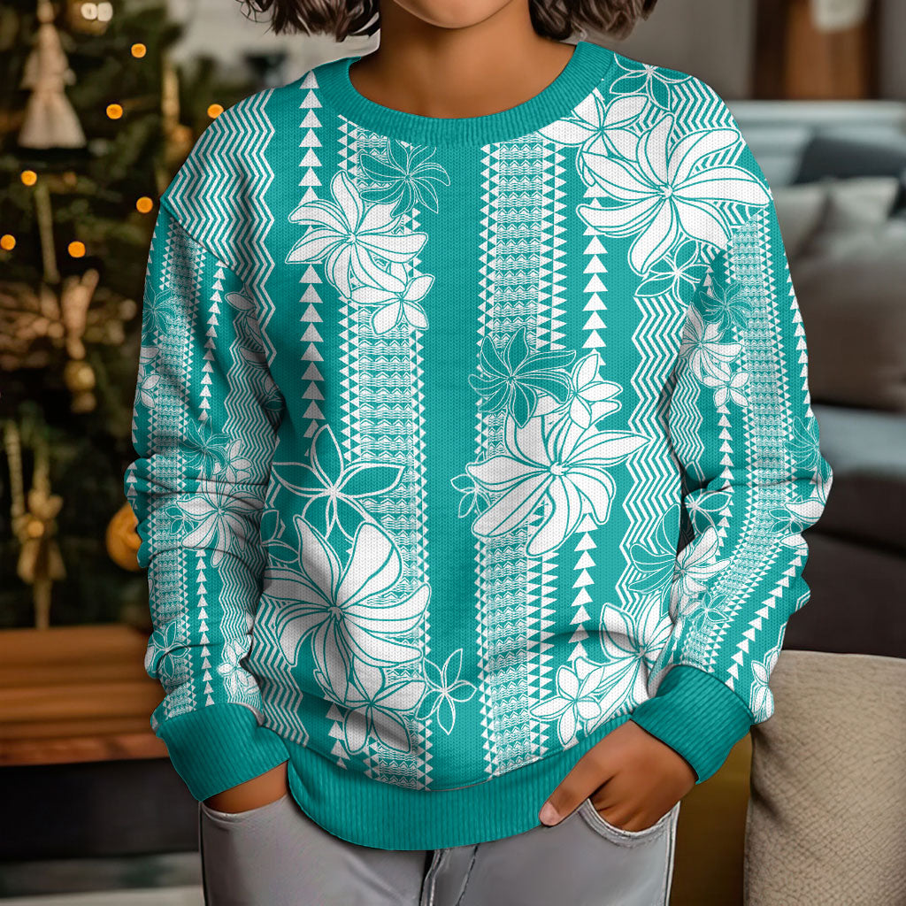 Hawaii Kakau Tribal Kid Ugly Christmas Sweater With Teal Tiare LT05 - Polynesian Pride