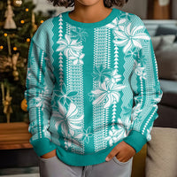 Hawaii Kakau Tribal Kid Ugly Christmas Sweater With Teal Tiare LT05 - Polynesian Pride