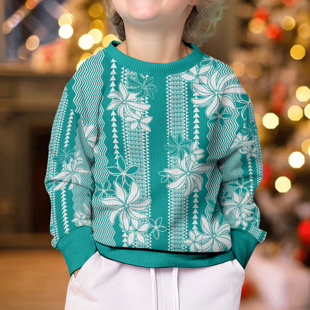 Hawaii Kakau Tribal Kid Ugly Christmas Sweater With Teal Tiare LT05 - Polynesian Pride
