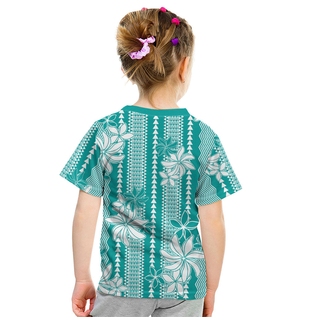 Hawaii Kakau Tribal Kid T Shirt With Teal Tiare LT05 - Polynesian Pride