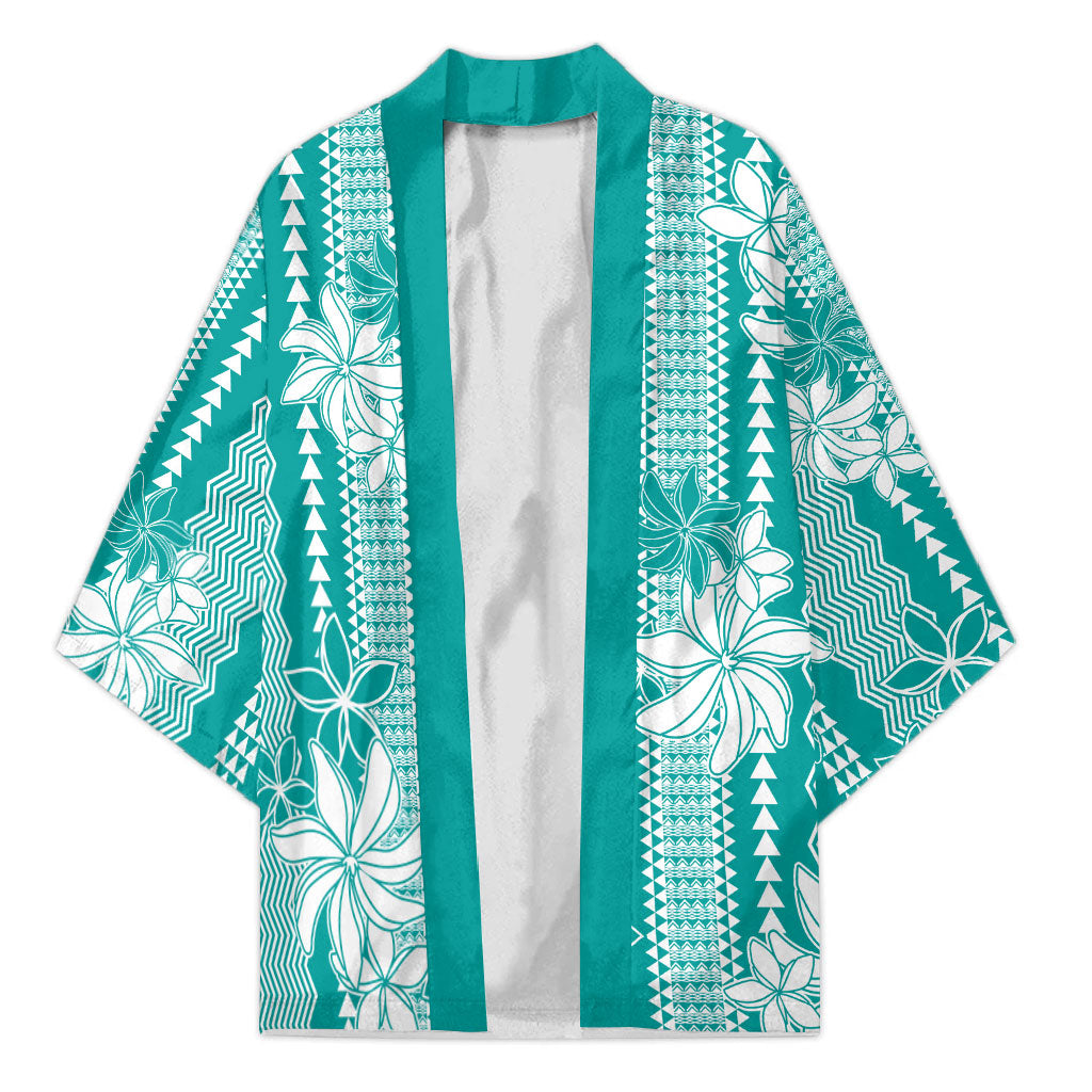 Hawaii Kakau Tribal Kimono With Teal Tiare LT05 Unisex Teal - Polynesian Pride
