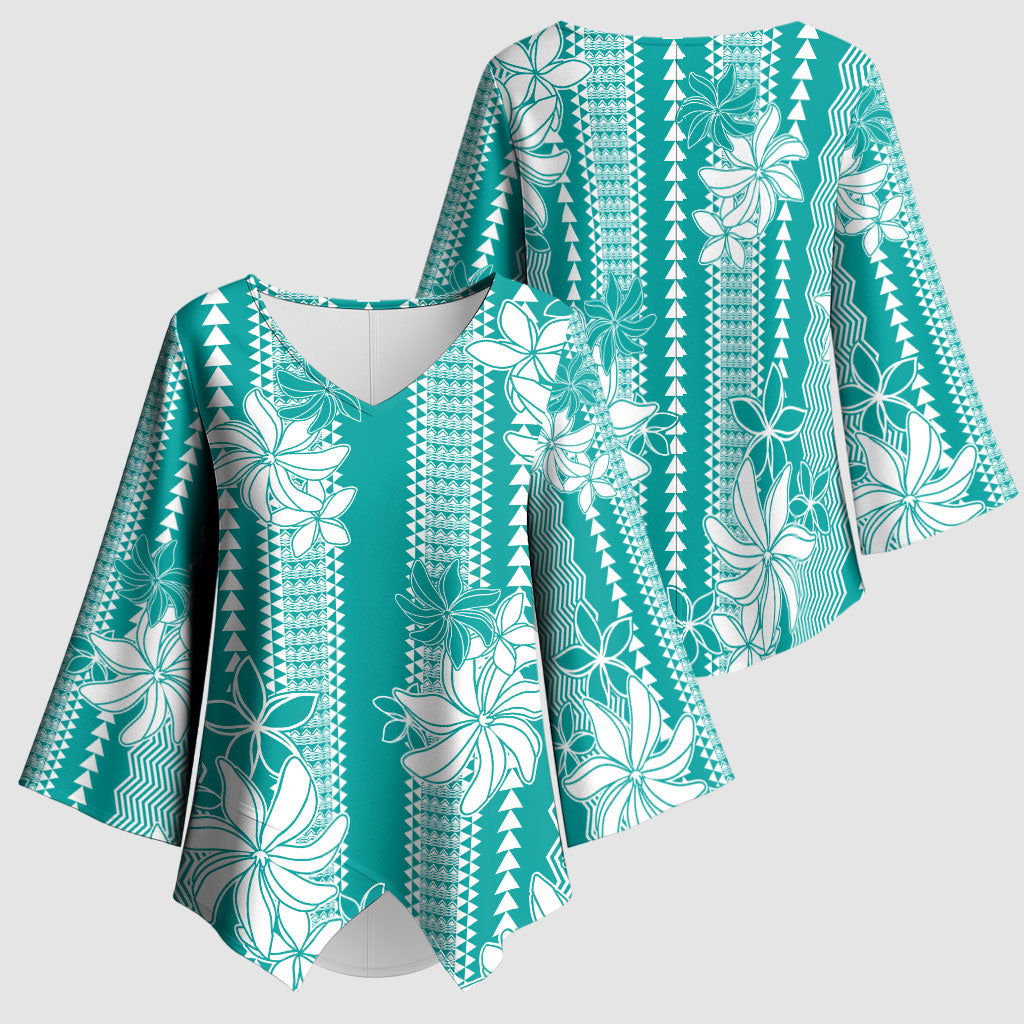 Hawaii Kakau Tribal Kimono Sleeve Blouse With Teal Tiare LT05 - Polynesian Pride