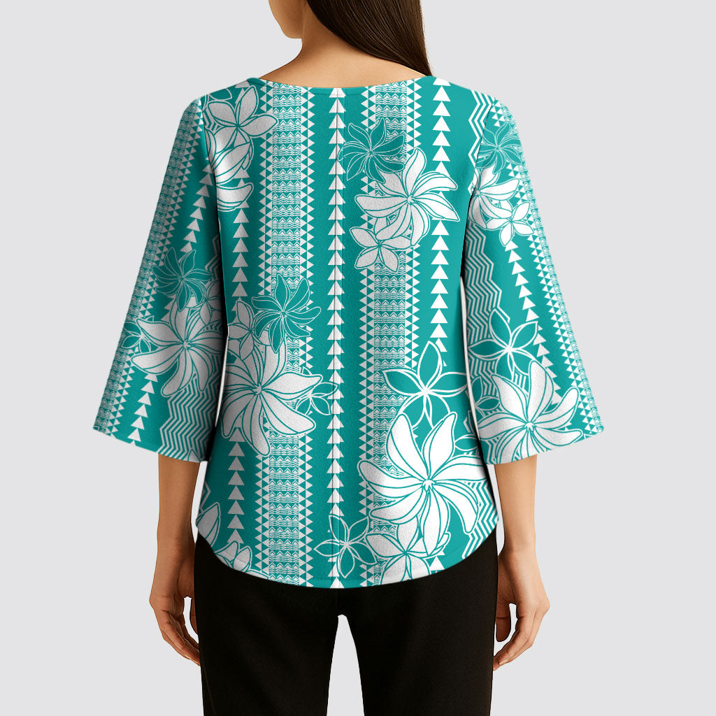 Hawaii Kakau Tribal Kimono Sleeve Blouse With Teal Tiare LT05 - Polynesian Pride