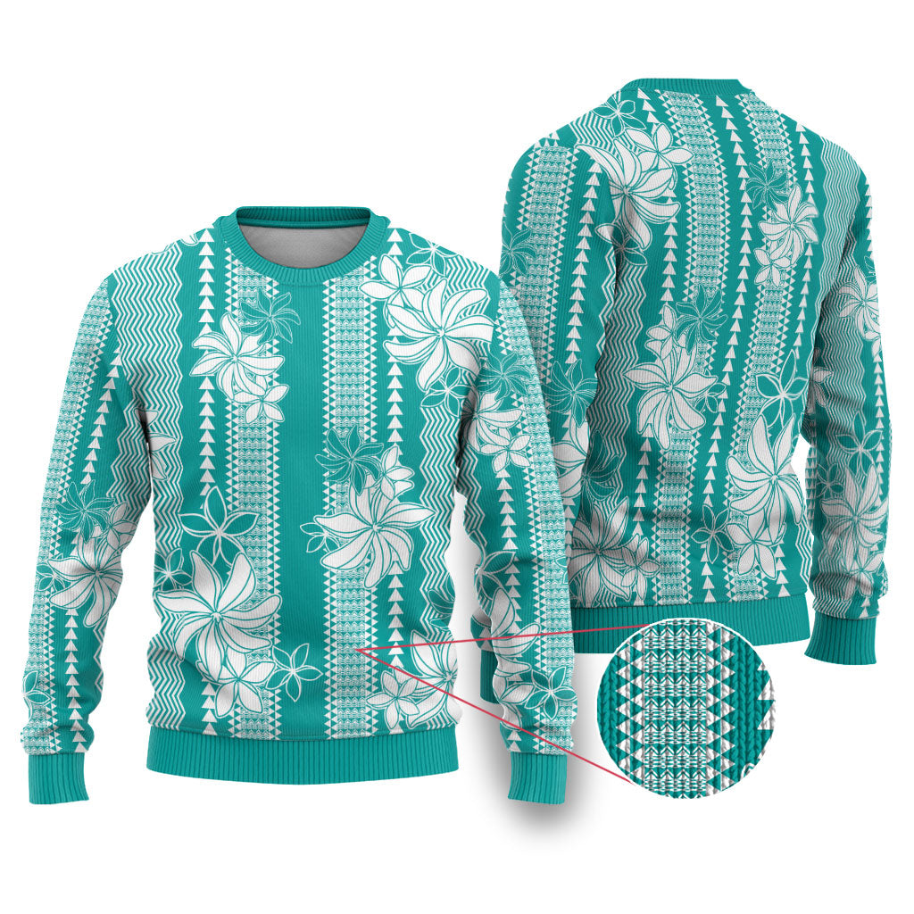 Hawaii Kakau Tribal Ugly Christmas Sweater With Teal Tiare LT05 Teal - Polynesian Pride