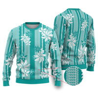 Hawaii Kakau Tribal Ugly Christmas Sweater With Teal Tiare LT05 Teal - Polynesian Pride