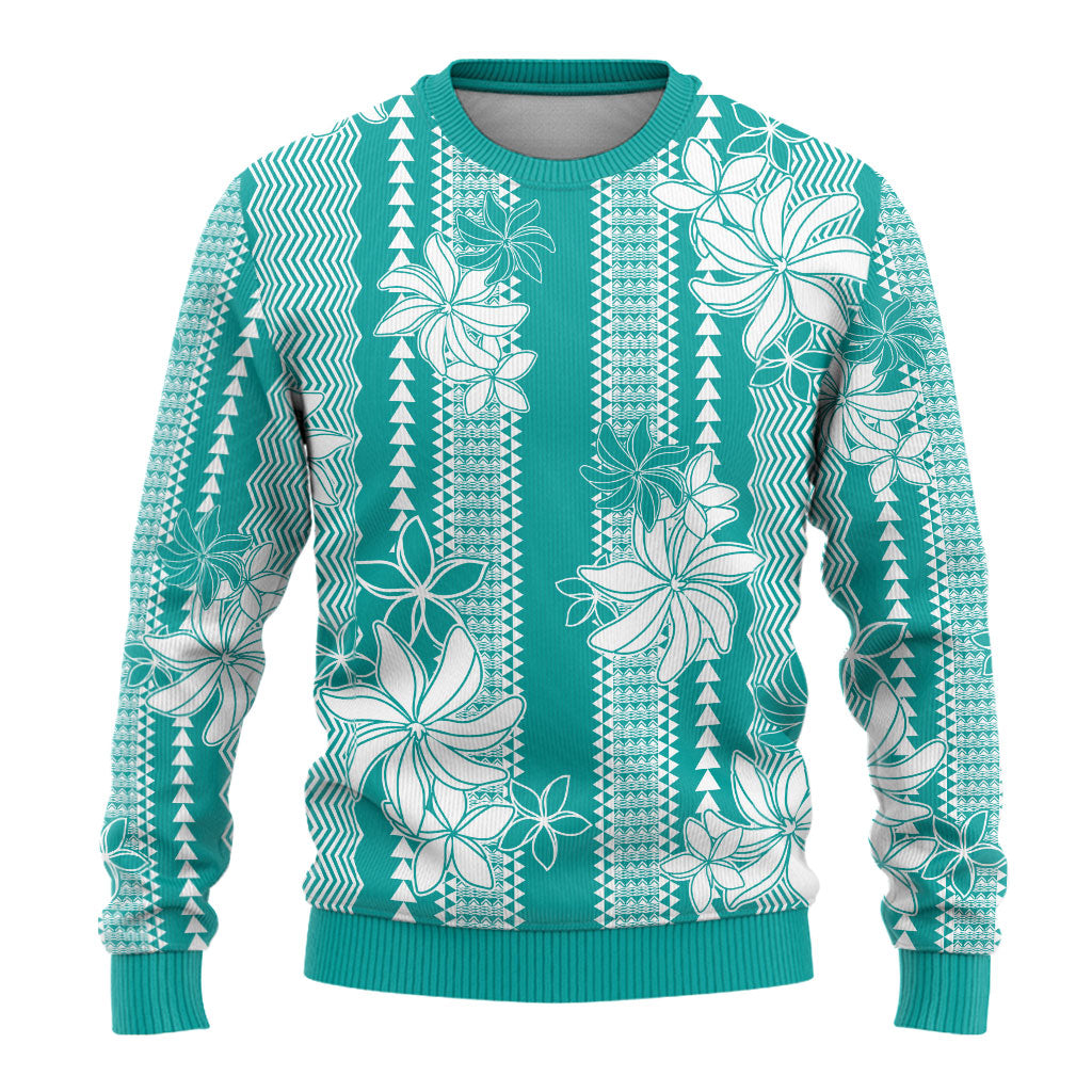 Hawaii Kakau Tribal Ugly Christmas Sweater With Teal Tiare LT05 - Polynesian Pride