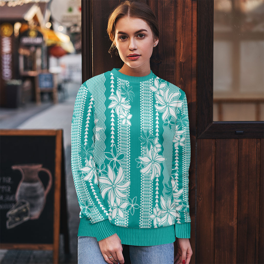 Hawaii Kakau Tribal Ugly Christmas Sweater With Teal Tiare LT05 - Polynesian Pride