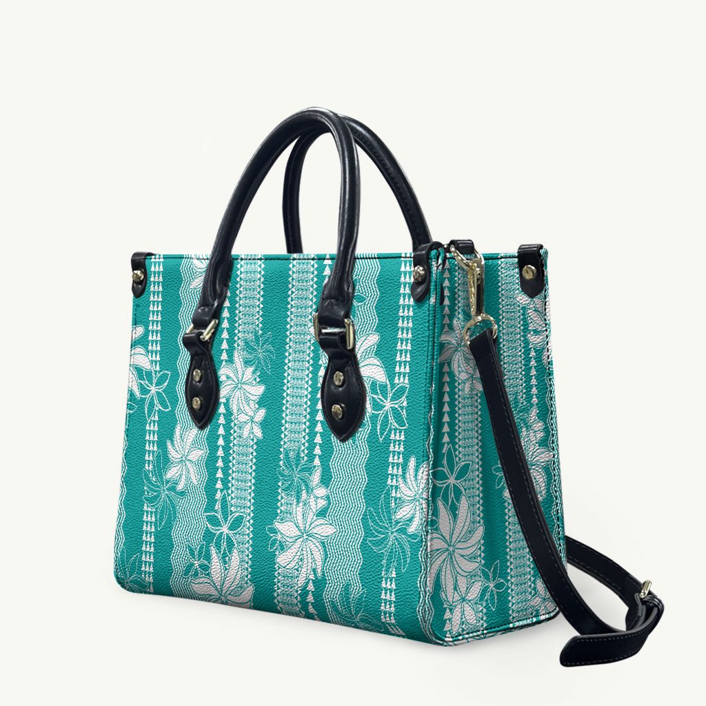 Hawaii Kakau Tribal Leather Bag With Teal Tiare LT05 Teal - Polynesian Pride