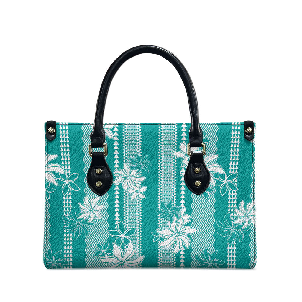 Hawaii Kakau Tribal Leather Bag With Teal Tiare LT05 - Polynesian Pride