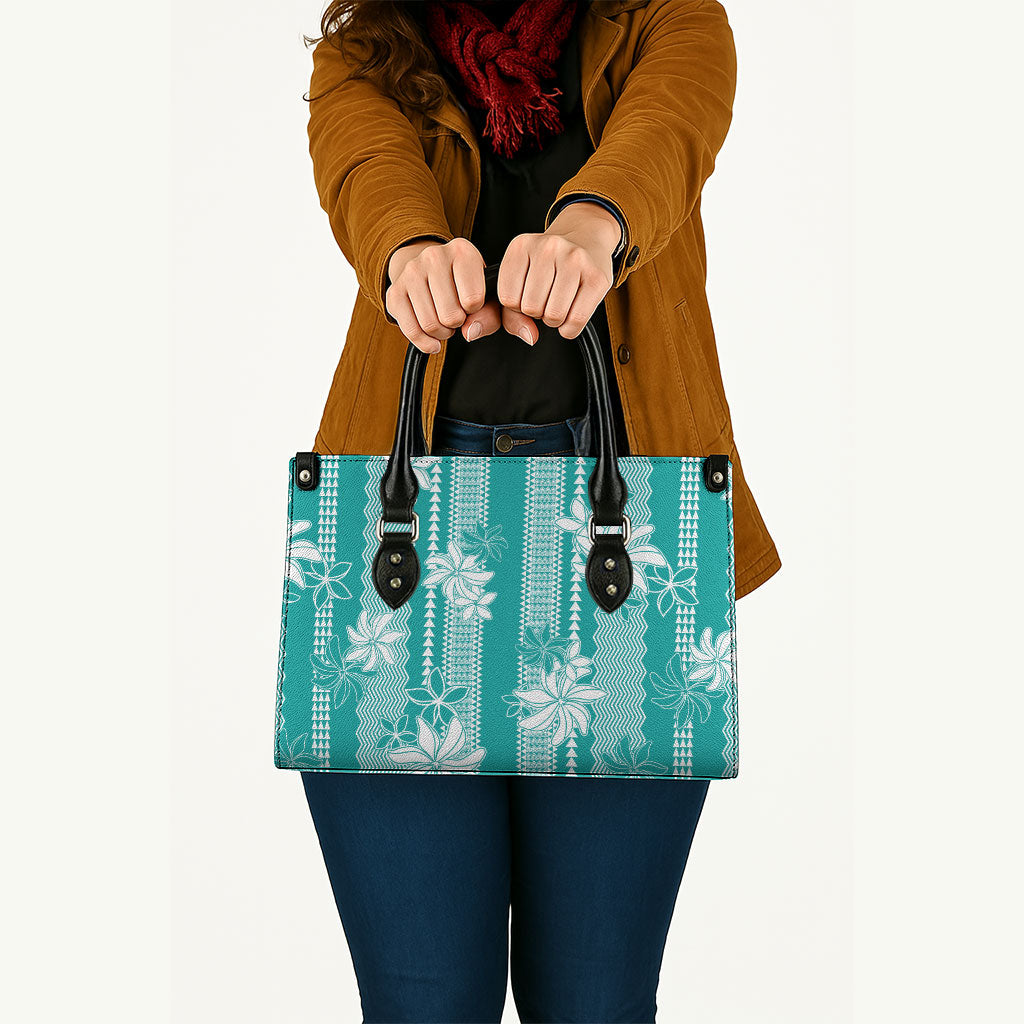 Hawaii Kakau Tribal Leather Bag With Teal Tiare LT05 - Polynesian Pride