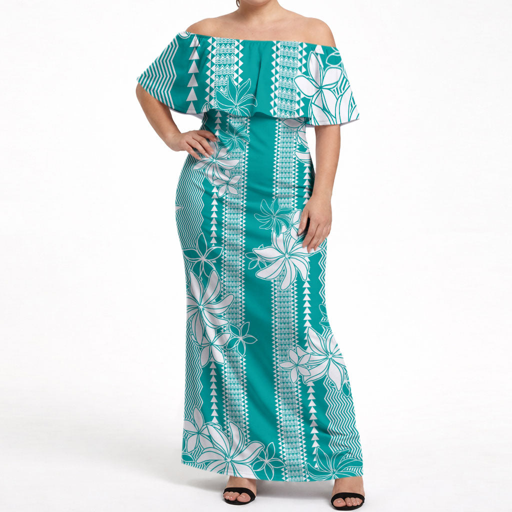 Hawaii Kakau Tribal Off Shoulder Maxi Dress With Teal Tiare LT05 Women Teal - Polynesian Pride