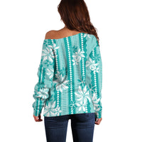 Hawaii Kakau Tribal Off Shoulder Sweater With Teal Tiare LT05 - Polynesian Pride